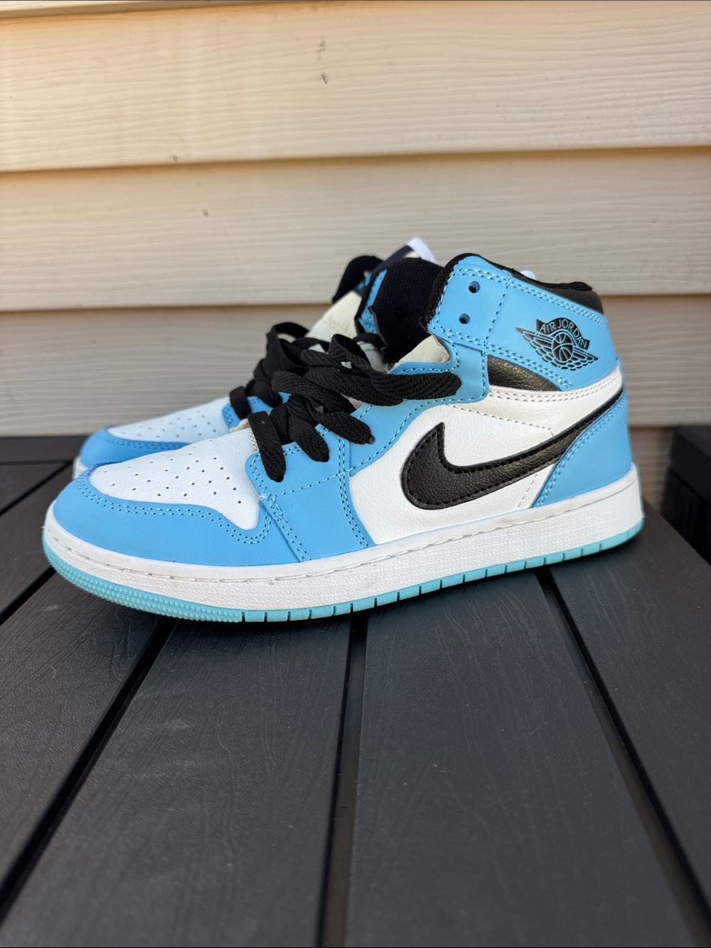 Nike Kids' High-Top Sneakers - White & Light Blue with Black Swoosh